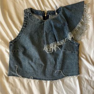 Zara Denim Ruffle Sleeve Crop Top